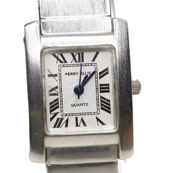 Perry Ellis Women's Silver Tone Roman Numeral Quartz Watch Small Rectangle Dress - Picture 9 of 13